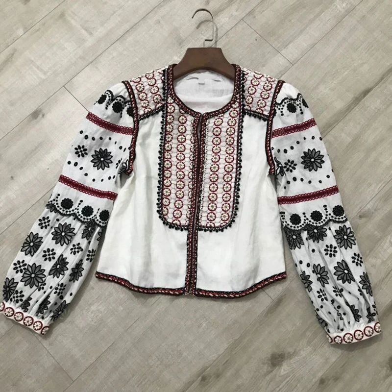 TWOTWINSTYLE Embroidery Vintage Women's Jacket O Neck Open Stitch Beading Patchwork Short Coat Female Fashion Autumn