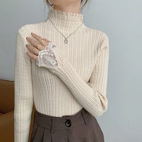 winter womens lace thickened solid color high neck long sleeve warm and thin thread versatile sweater knitted fir top