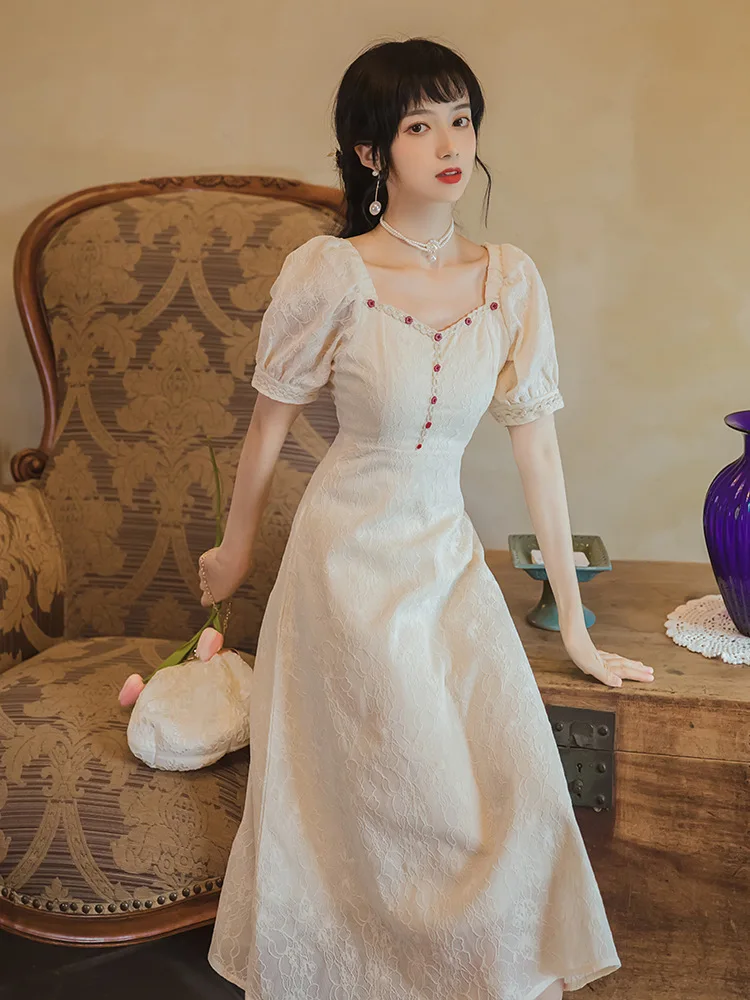 

Vintage Dress Summer Women Elegant Lace Chiffon Korean Party Dress Puff Sleeve Square Neck Long Dress Fall Dresses for Women