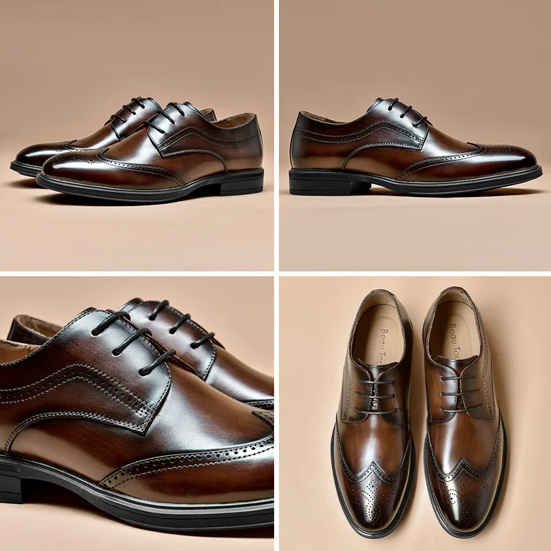 

Shoes Lace-Up Genuine Calfskin Leather Waxing Round Toe Flat Office Dress for Men Handmade BeauToday A51049
