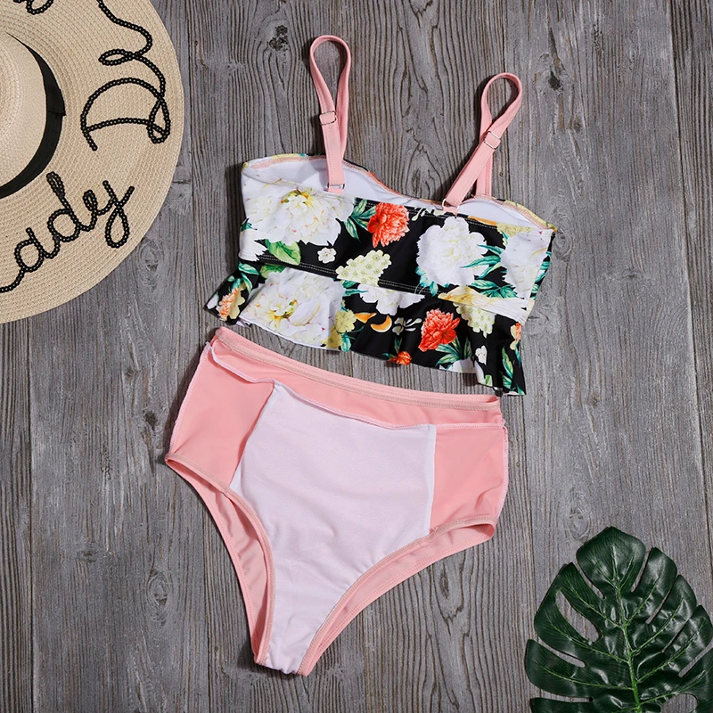 Бикини с рюшами Женский комплект бикини принтом сексуальный купальник высокой