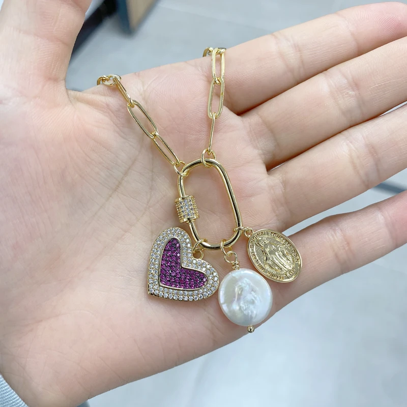 

5PCs/lot Pretty Natural Freshwater Pearl Big Heart Guadalupe Charms Necklace