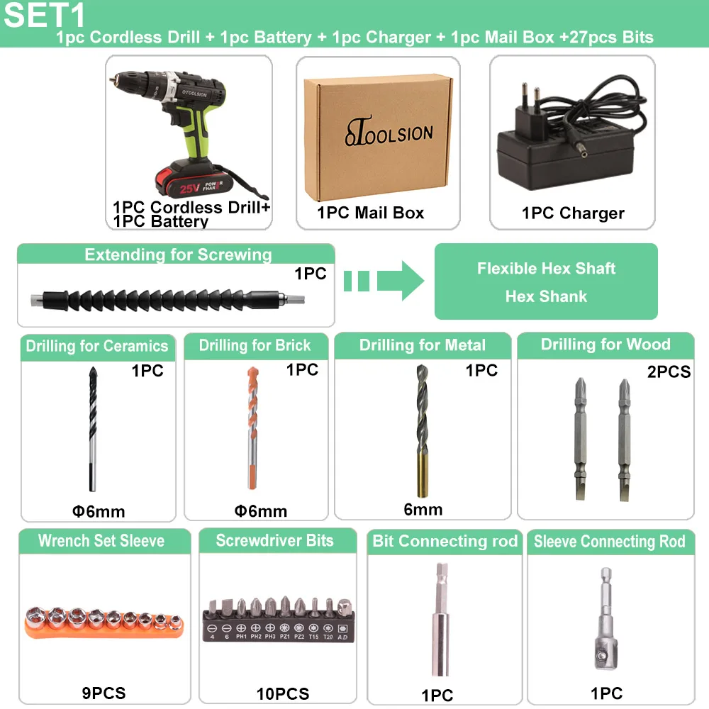 SET1 (1 pc battery) 25V 48N.m Impact Battery Drill Cordless Screwdriver Power Tools Impact Electric Screwdriver Electric Impact Drills+27 Pcs Parts - Цвет: SET1 (1 pc battery)