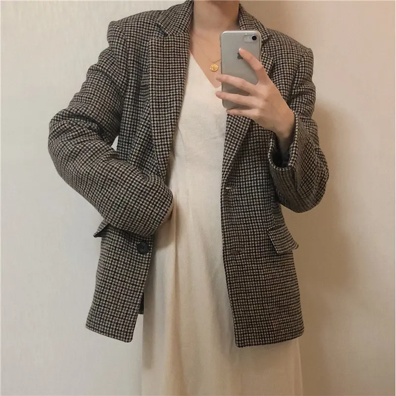 Женский шерстяной пиджак HziriP свободный офисный с длинными рукавами подходит ко