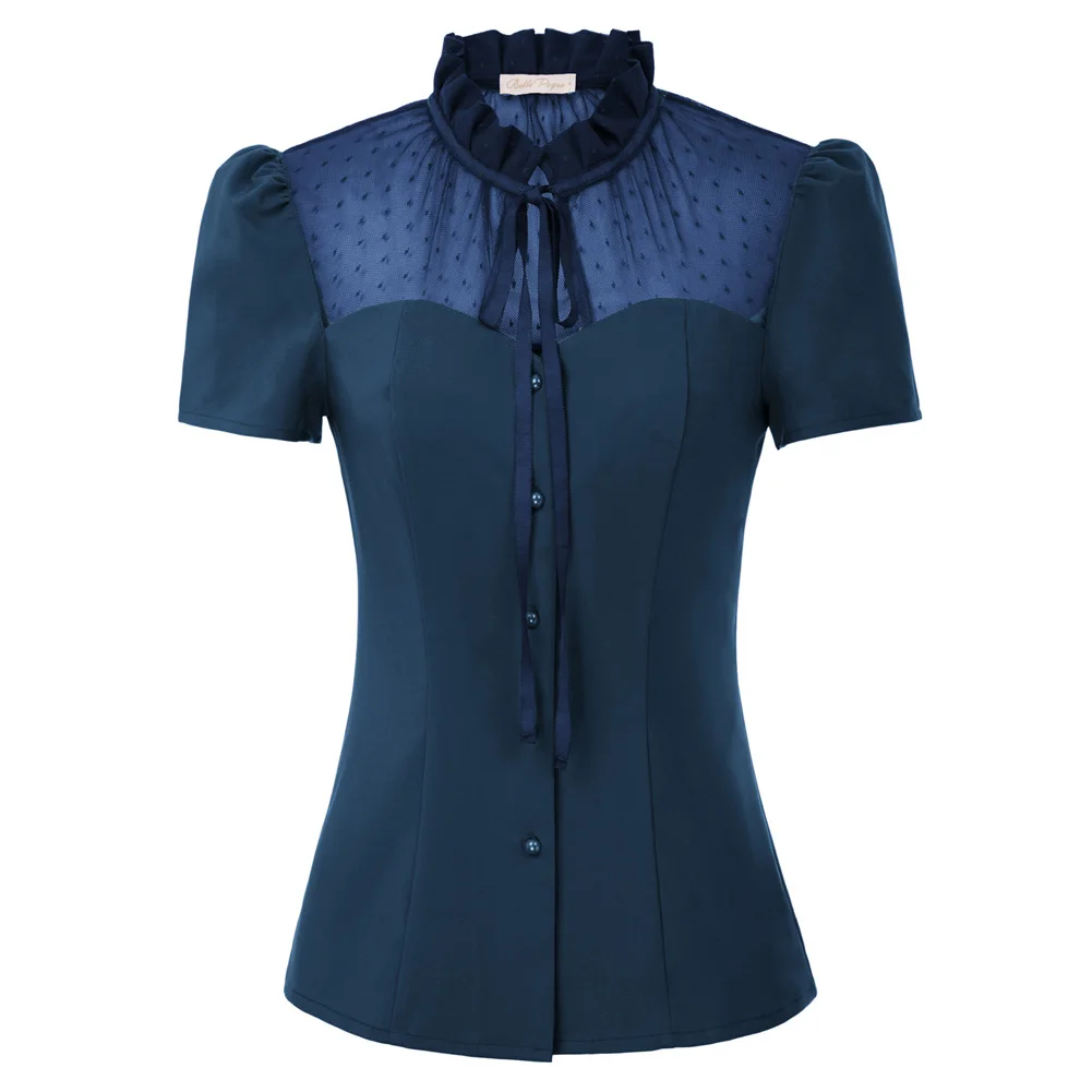 

BP Shirt Tops See-Through Patchwork Tie ribbon Hollowed Button placket