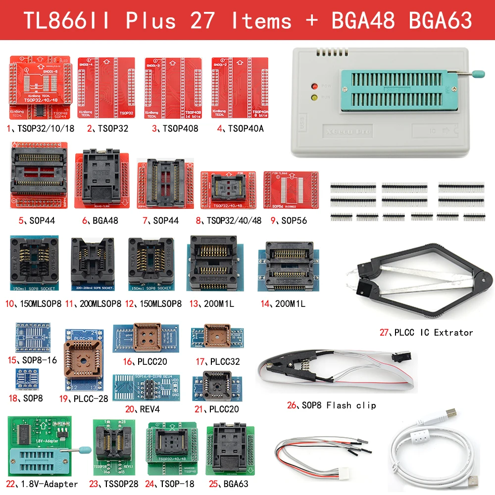 Программатор V10.8 TL866II Plus Универсальный Minipro программатор TL866 Nand Flash AVR PIC Bios USB + 27 шт.