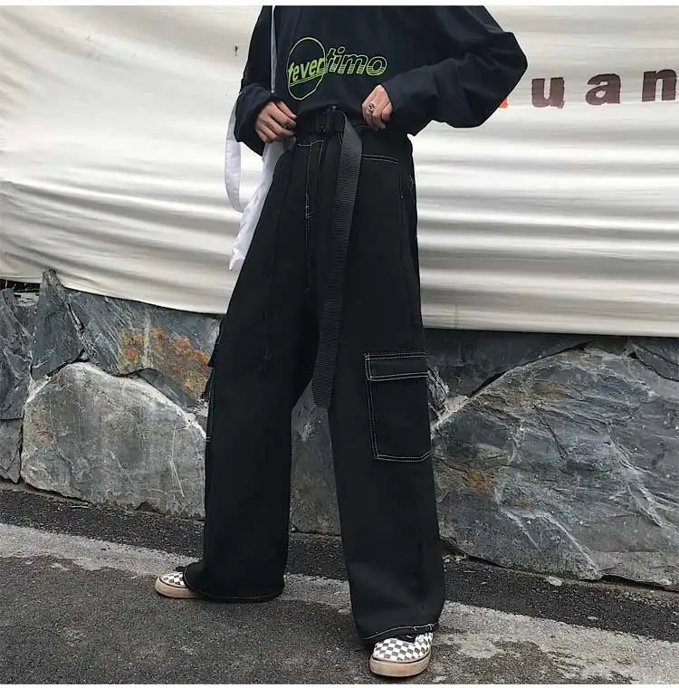 Женские джинсовые брюки-карго с контрастными карманами свободные прямые широкие