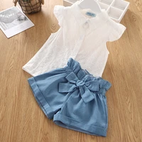 new summer girls clothes set flying sleeve print hollow top bow shorts toddler fashion casual childrens set