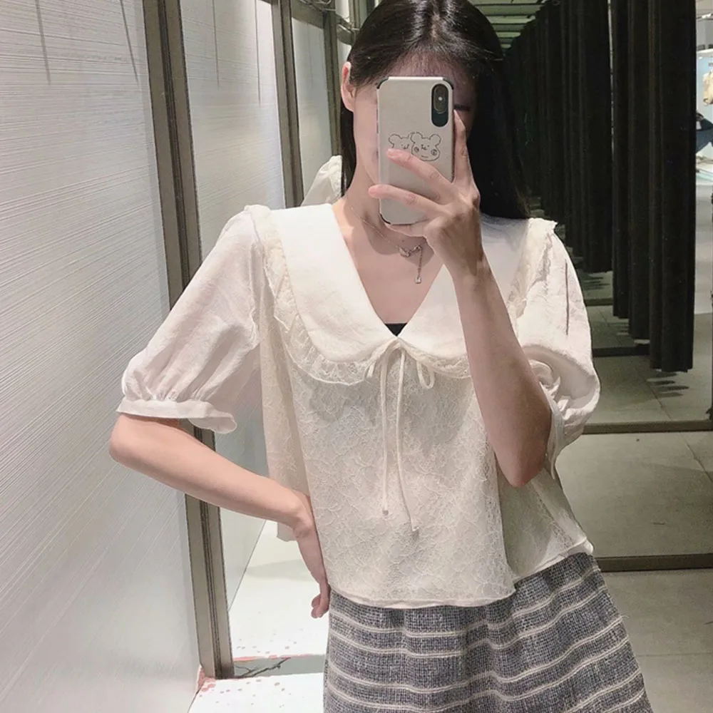 

DiYiG WOMAN Summer new women's loose lace-up doll collar lace stitching casual shirt top for women