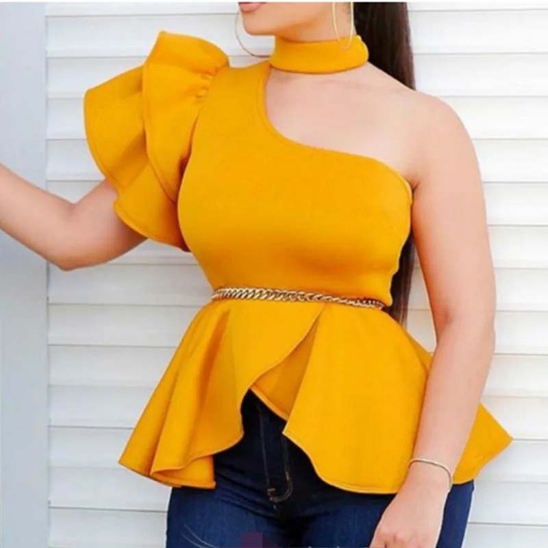 

Sexy One Shoulder Blouses Tops Peplum Ruffles Party Fashion Evening Clubwear Women Fashion Female Bluas Backless New Plus Size