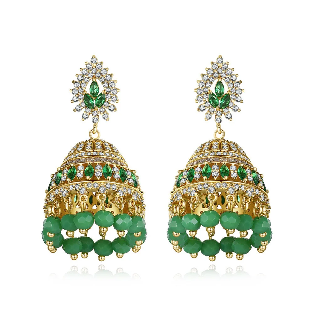 Роскошные женские серьги в этническом стиле с зелеными бусинами и