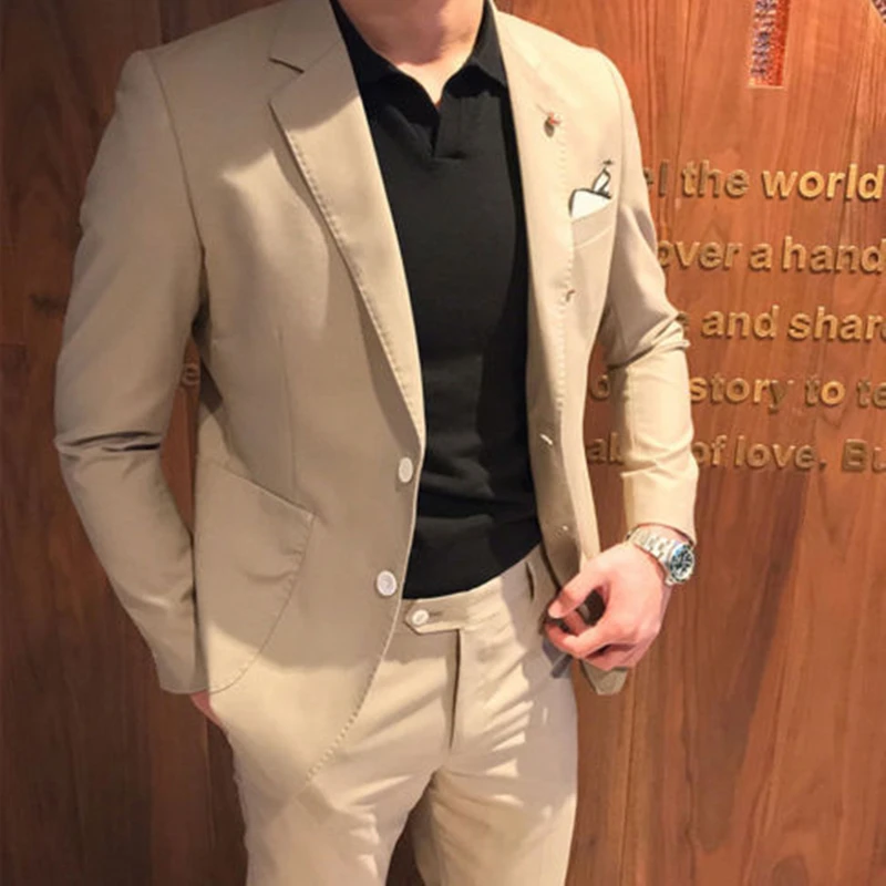 

2022 New Arrival Notch Lapel Men's Khaki Suits Slim Fit Custom Made Two Buttons Wedding Bridegroom Tuxedos Skinny Formal Blazer