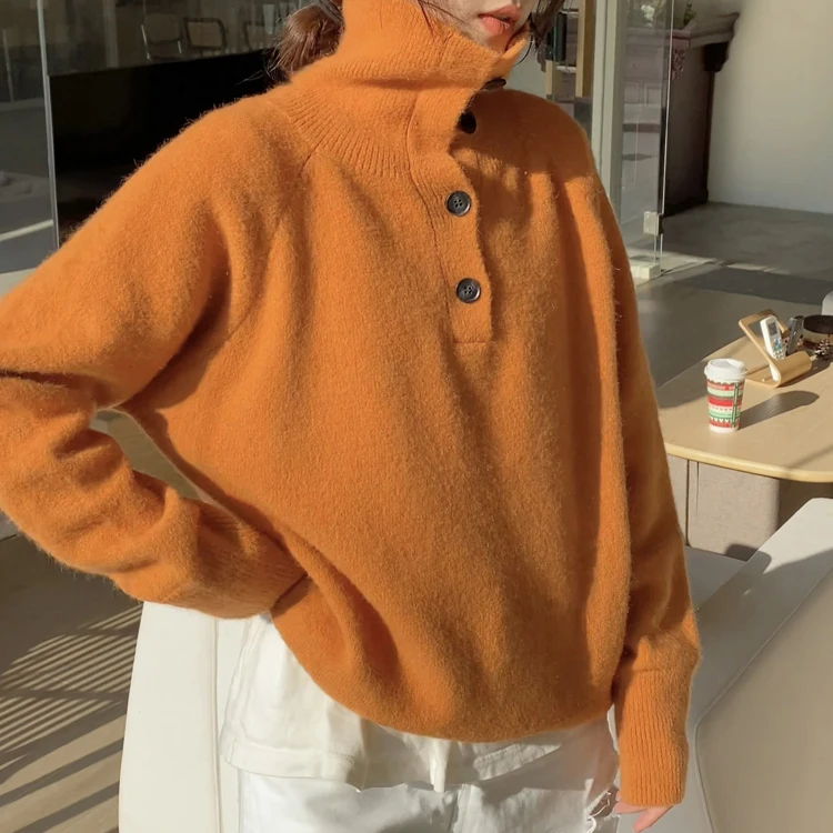 

Knitted Turtleneck Sweater New Fad Women Autumn Winter Button Pullover Korean Solid Oversize Elegant Lady Jumper Knitwear Tpops