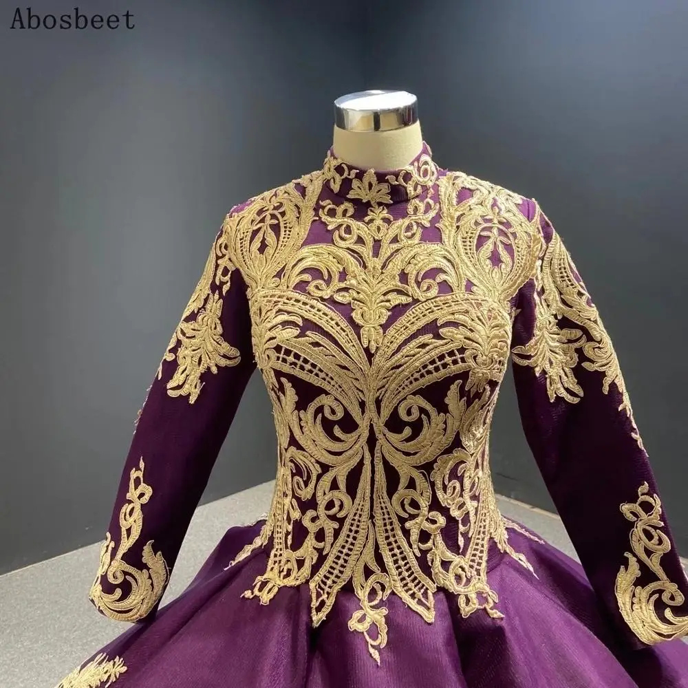 DD JYOY Muslim Long Sleeve Evening Party Dress Ball Gown Gold Lace High Neck Prom Women Wear Lace Up Back Purple Evening Gown
