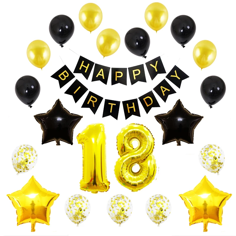 18 украшения для дня рождения шары взрослых из черного золота на день баннер