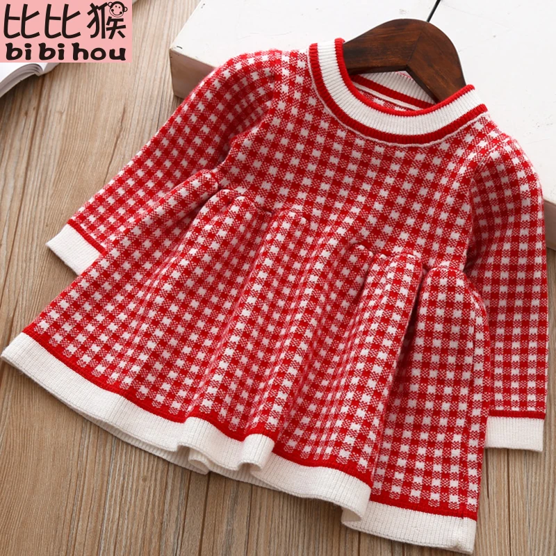 Вязаное платье для девочек Осень-зима 2019 одежда в клетку Детские платья