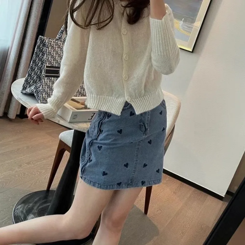 

Embroidered Love Denim Skirt Women's Fashion Trend 2021 New Summer Japanese and Korean High Waist Short Skirt A-line Skirt S--XL
