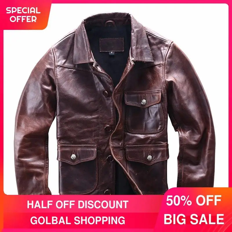 

2021 Vintage Brown Japan Casual Style Genuine Leather Jacket Men Single Breasted Plus Size 3XL Real Natural Cowhide Autumn Coat