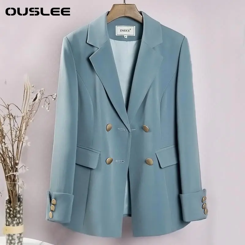 

OUSLEE Women Blazer Long Sleeve Double Breasted Chic Office Lady Blazer Vintage Coat Notched Collar Ladies Outerwear Stylish Top