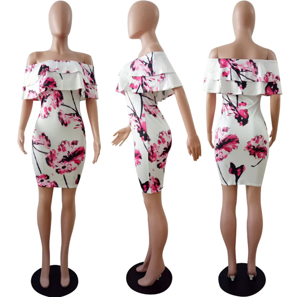 Женское облегающее мини платье с открытыми плечами розовое или желтое цветочным