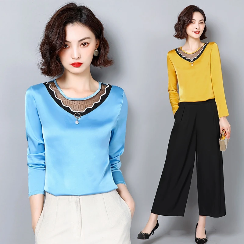 Корейские модные шелковые женские рубашки атласные кружевные блузки с длинным