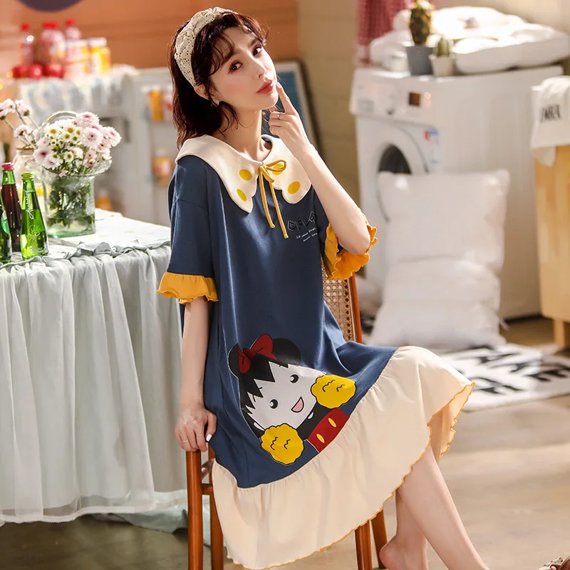 

Pajamas Women Summer Combed Cotton Nightdresses Cartoon Casual Ladies Wear Home Clothes Outside