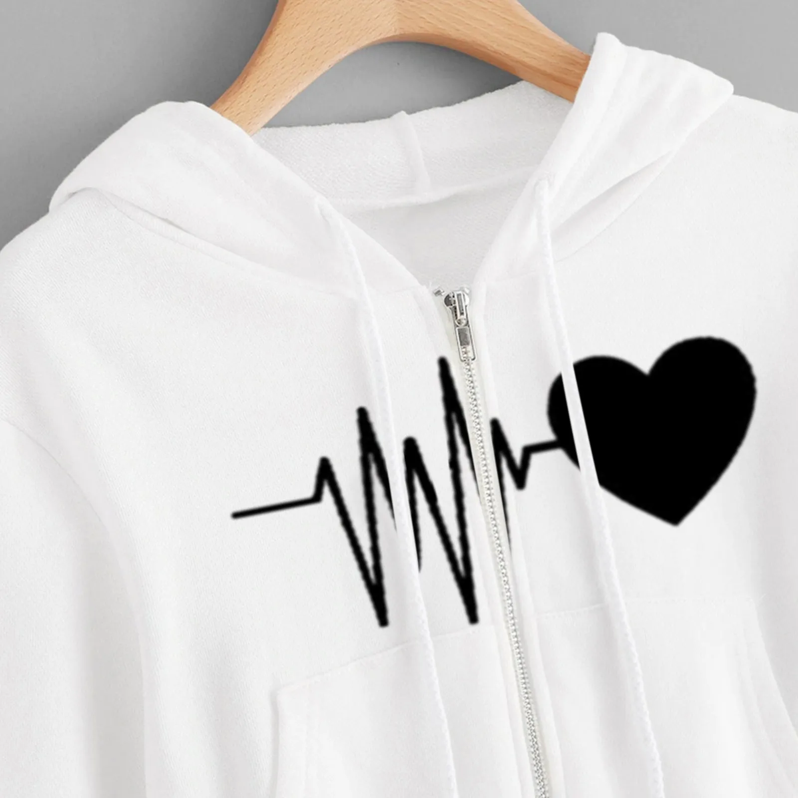 

Women Hoodies Solid Color Heartbeat Print Long Sleeve Zipper Pocket Shirt Hooded Sweatshirt Crop Top Harajuku Streetwear#G