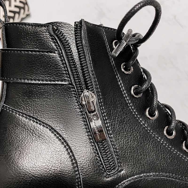 

Spring Autumn Genuine Leather Women Med Heel Ankle Boots Cross Strap Shoes Women Round Toe Zipper Black Motorcycle Short Boots