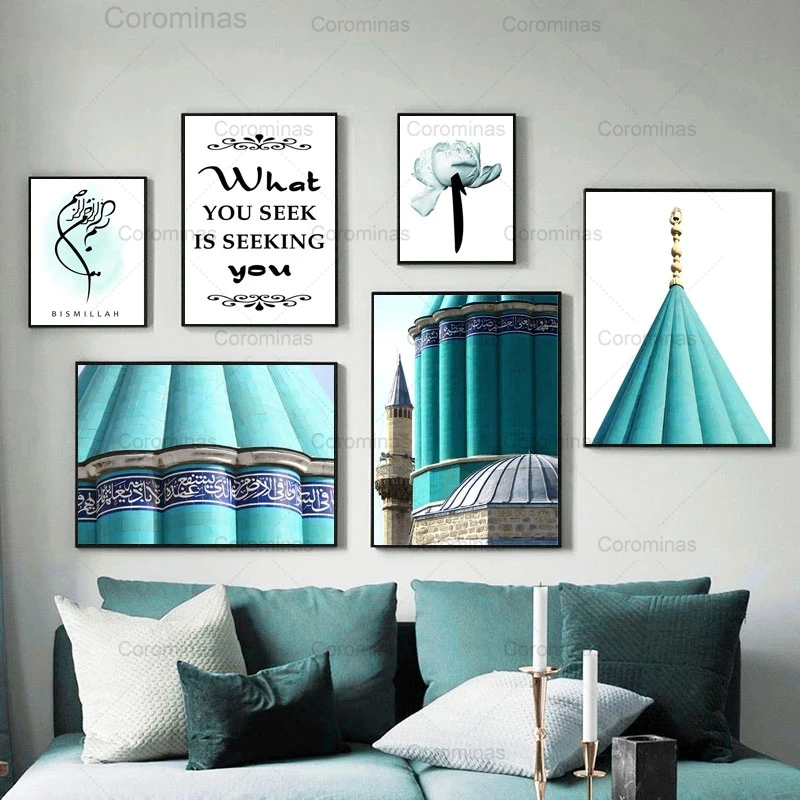 

Muslim Islamic Poster Blue Building Flower Canvas Painting Print Mosque Morocco Quote Wall Art Bohemia Picture Modern Home Decor