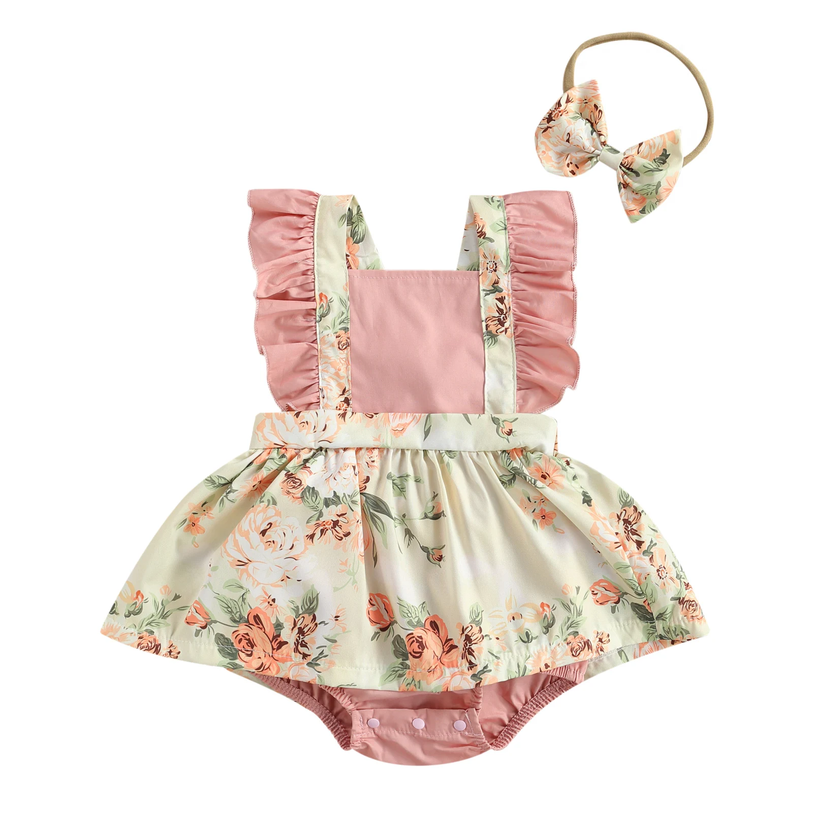 

2021 0-24M Cute Infant Baby Girls Romper Dress 2pcs Summer Square Collar Ruffle Short Sleeve Floral Print Tutu Playsuit Sundress