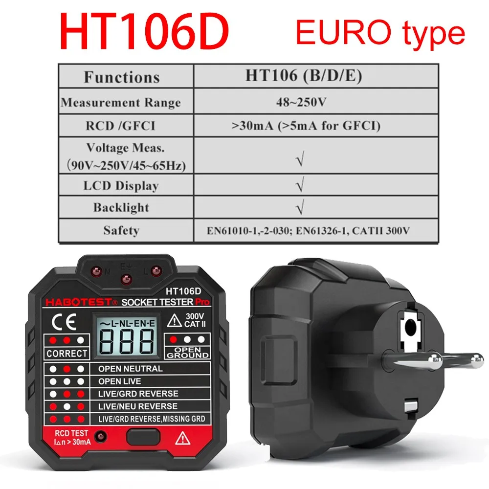 

Electric Socket Tester GFCI RCD Test Plug-in 48V-250V Mains Fault Ground Zero Line Plug Polarity Phase Check Socket Tester