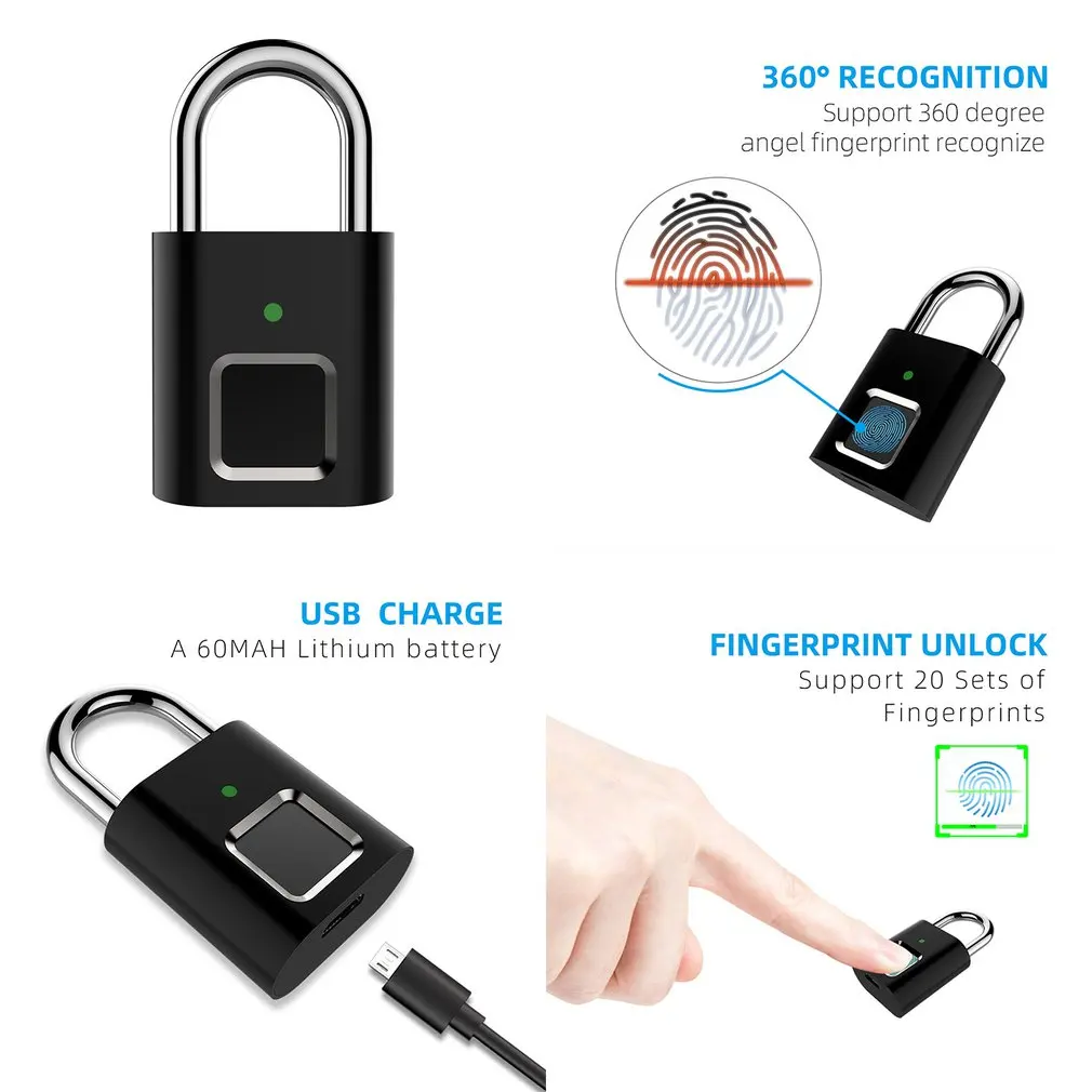 Защитный замок для дверей умный без ключа USB перезаряжаемый сканер отпечатков