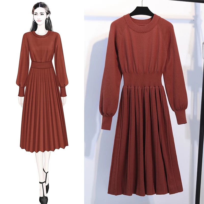 Элегантное плиссированное платье свитер А силуэта Женское зимнее однотонное с