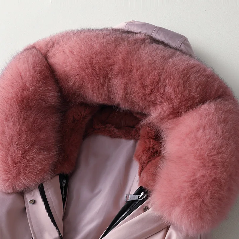 

Jacket Winter Down 2021 New Female Fashion Fox Fur Collar Hooded Rex Rabbit Liner Slim Long Coat Women Down Parka Coat Cothes