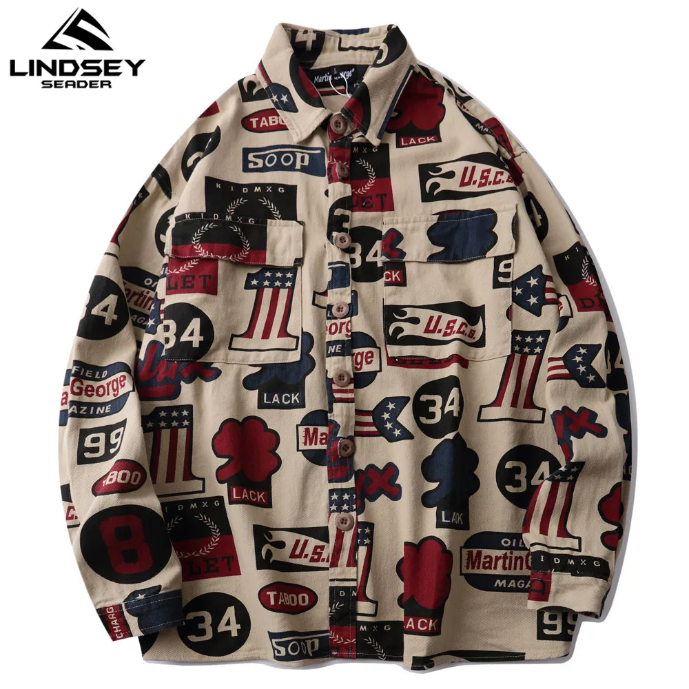 LINDSEY SEADER Creative Prints Long Sleeve Shirts Men Hip Hop Thick Dress Shirt Streetwear Hipster Fashion Casual Pockets | Мужская