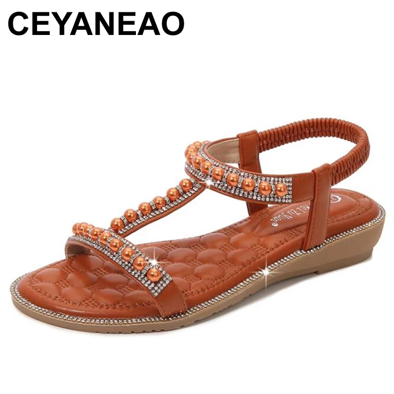 Летние модные женские удобные сандалии CEYANEAONew, женские сандалии с открытым носком, повседневная обувь без шнуровки на плоской подошве, искусственная жемчужина