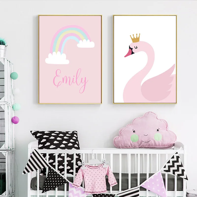 

Custom Name Cartoon Swan Wall Art Canvas Painting Unicorn Nursery Nordic Posters Pink Wall Pictures Baby Kids Girls Room Decor