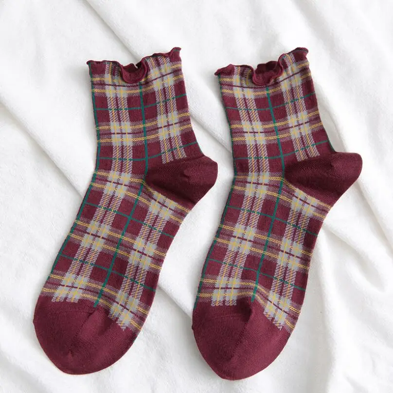 Women Solid Plaid Cotton Socks Wrinkled Cuff Check Socks Girls Winter Socks Ankle Sock Black White Plaid Crew Socks 5 pairs/lot