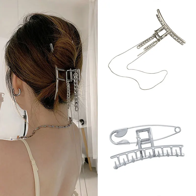

Shark Tassel Rhinestone Chain Hair Claw Fashion Metal Catch Clip Large Back Head Hair Catch Headdress Female Temperament 2021