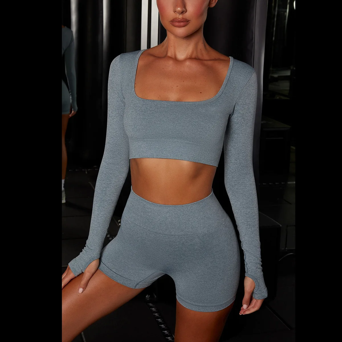 

Fashion Women Seamless Shapers 2 Pieces Gym Clothing Fitness Clothes Sport Suit Long Sleeve Tops Shorts Set Sportswear Tracksuit