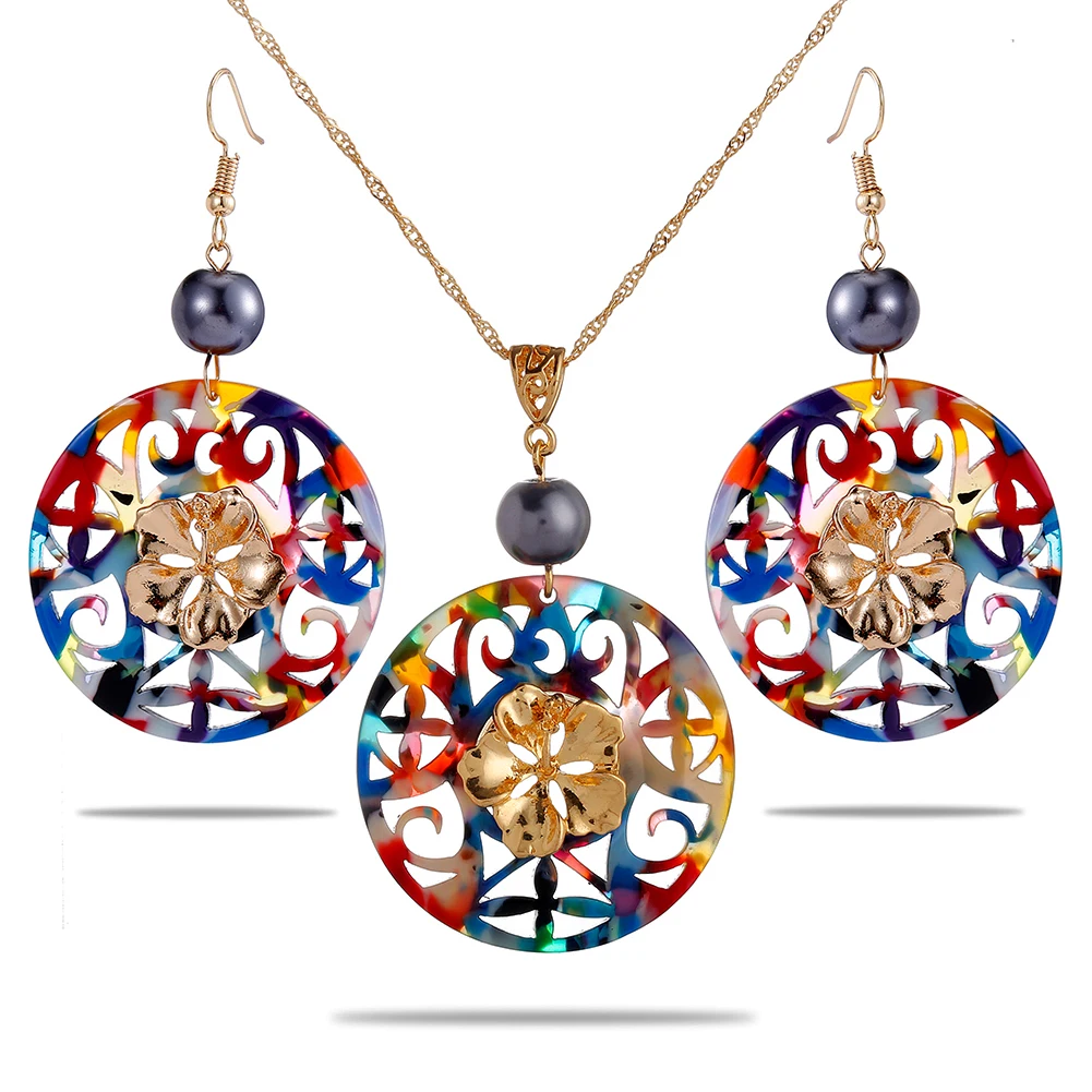 

Cring Coco Hibiscus Flower Earrings Necklaces Set Women Hawaiian Acrylic Round Pendants Necklace Jewelry Sets Mother's Day Gift