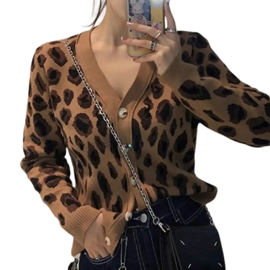 

Women's Button Down Sweater Casual Long Sleeve V Neck Leopard Print Loose Knit Cardigan