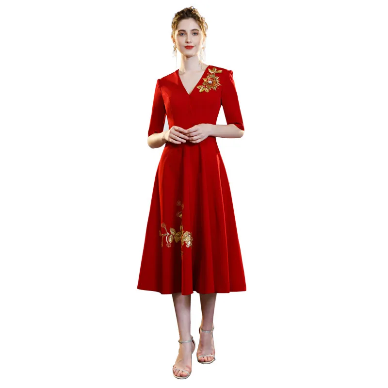 

Alcohol Red Evening Dress High prom red dress V Lead Bride Toast Serve Back Serve Banquet Princess Dress Woman
