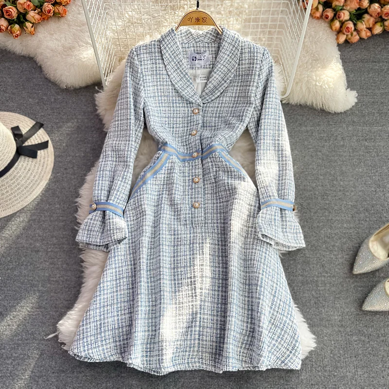 

2021 Autumn Winter Korean Fashion OL Tweed Dress Women Flare Sleeve Small Fragrance Party Dress Vintage Robes Christmas Vestidos