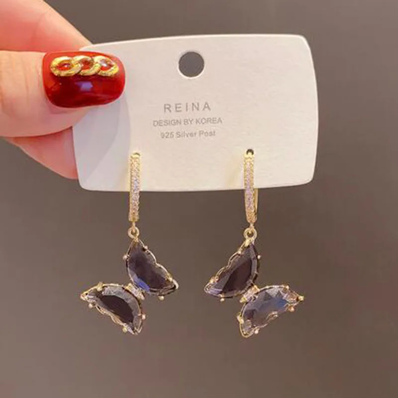 

2021 New Trendy Purple Crystal Butterfly hoop Earrings Super Fairy Long Temperament High Net Red French Retro Women Jewelry