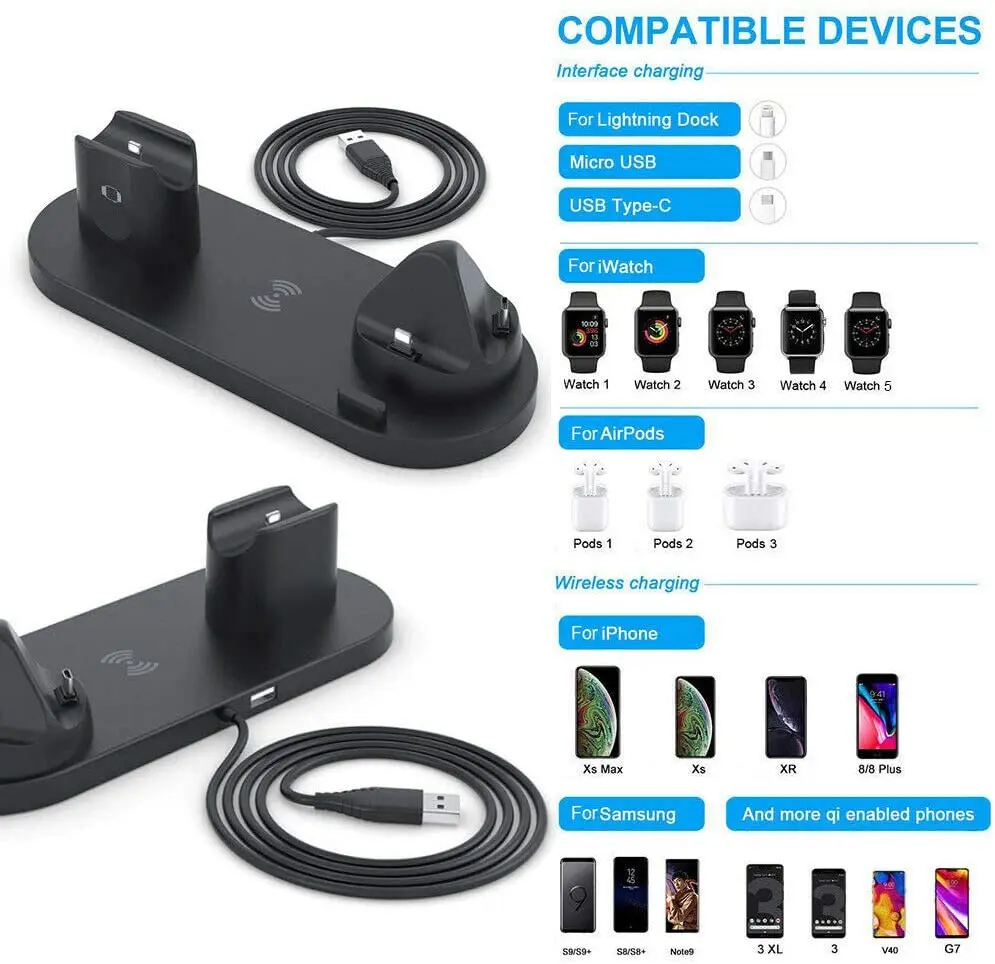 30W Wireless Charger 6 in 1 Wireless Chargers Station Charging Stand Qi for Apple Watch AirPods iPhone 13 12 11 Pro Max Xiaomi