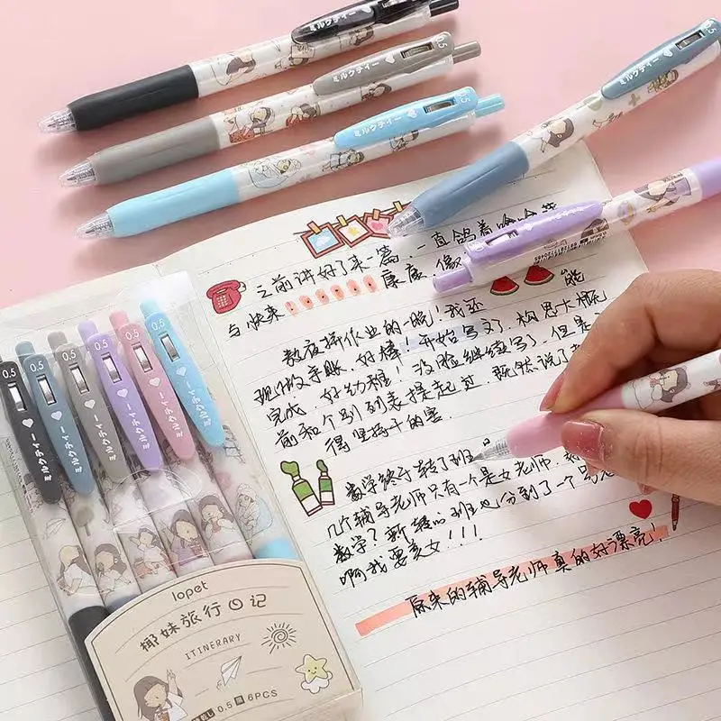 

2022 6Pcs Limited Smoky Color Coconut Girl Series Gel Pen Cute Ins High-value 0.5mm Student Signature Pen Set