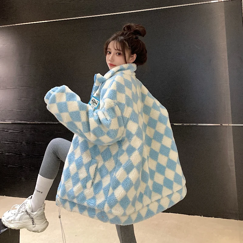 

Winter Fashion Street Women Jackets Thick Argyle Lamb Wool Parkas Oversize Chaqueta Baggy Casaco Feminino Inverno Cashmere Coat