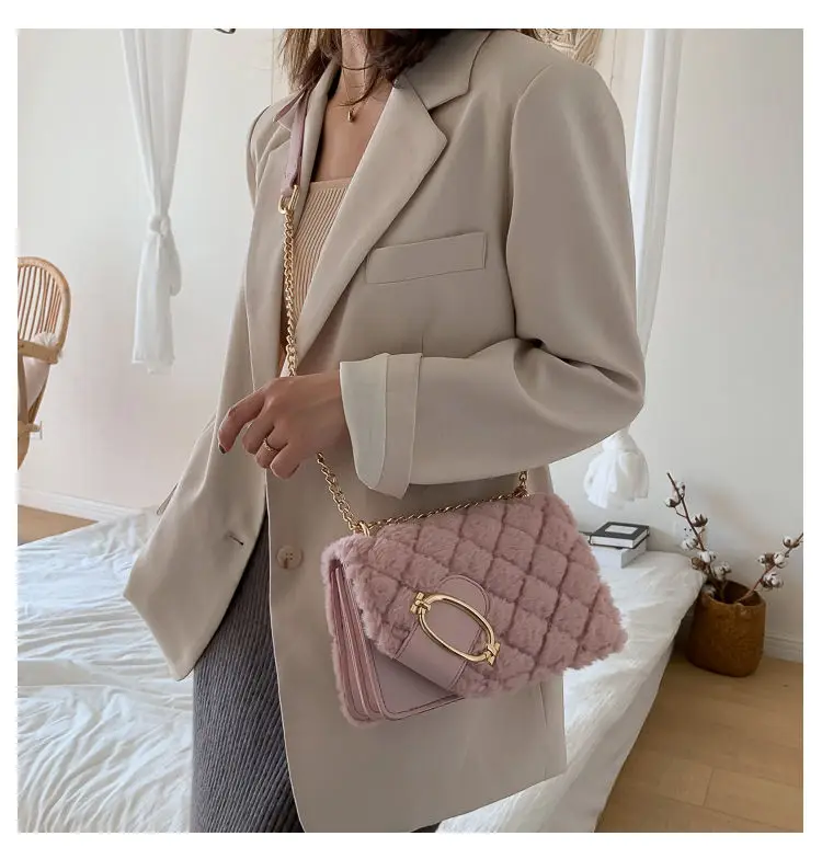 

2021 Plush Fashion Women's Shoulder Bags Soft Female Messenger Bags Plaid Ladies Handbag Simple Tote Bags for Girls Coin Purses