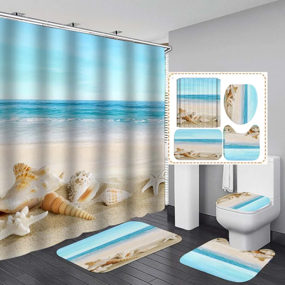 Koop Seastar Shell Douchegordijn Set Badmatten Antislip Tapijten Wc Deksel Cover 4 Stuks Set Strand Landschap Waterdicht Badkamer Gordijn